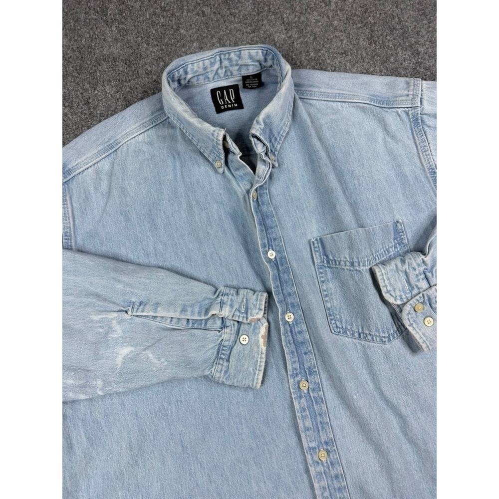 Vintage GAP Denim Shirt Distressed Mens Large Light Long Sleeve Button Down 90s